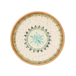 11.8 in. Round Rattan Serving Tray with Mother of Pearl Inlay for Table Decor and Bread Food Fruit Storage, Bohemia