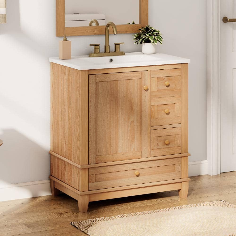 30 in. Freestanding Natural Wood Grain Solid Wood Frame Bath Vanity with White Ceramic Top, Soft-Close Door & Drawers price history on PriceWatchPro