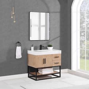 Bianco 36 in. W x 22 in. D x 34 in. H Single Sink Bath Vanity in Light Brown with White Composite Stone Top and Mirror