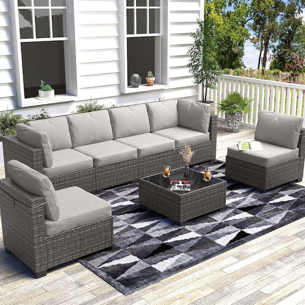 7-Piece Patio Set with Modular PE Wicker Sofa, Tempered Glass Table, Removable Cushions, Durable Steel Frame, Grey Tones