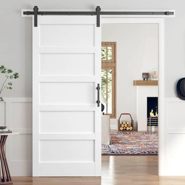 easelife 34 in. x 84 in. 5-Panel Solid MDF White Finished Interior Sliding Barn Door with Hardware Kit