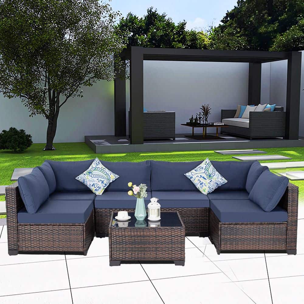 7-Piece Wicker Outdoor Sectional Set Patio Conversation Set Sofa Set with T