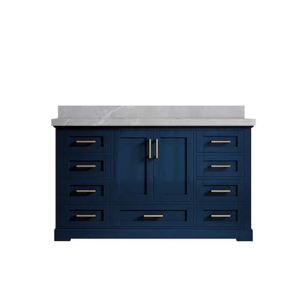 Willow Collections Boston 60 in. W x 22 in. D x 36 in. H Single Sink Bath Vanity in Navy Blue with 2 in. Pearl Gray Top