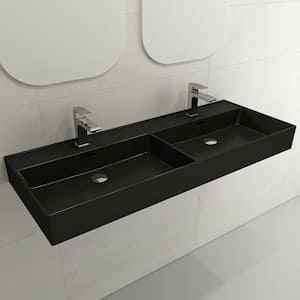Milano Wall-Mounted Matte Black Fireclay Rectangular Double Bowl for Two 1-Hole Faucets Vessel Sink with Overflows