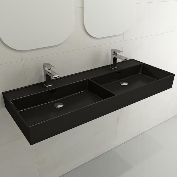 BOCCHI Milano Wall-Mounted Matte Black Fireclay Rectangular Double Bowl for Two 1-Hole Faucets Vessel Sink with Overflows