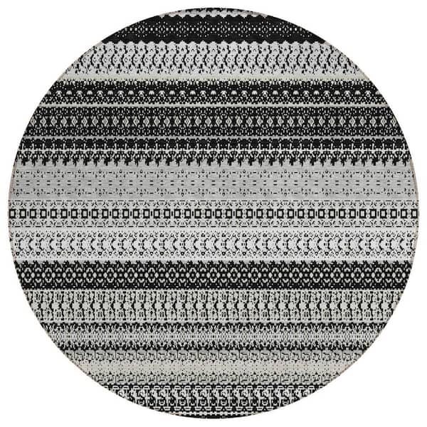 Black 8 Round ft. Woven Striped Polyester Round Indoor / Outdoor Area Rug