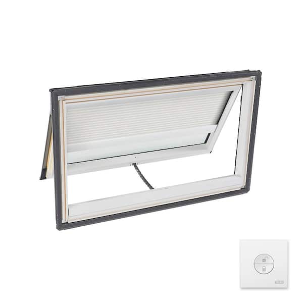 VELUX 44-1/4 in. x 26-7/8 in. Solar Powered Venting Deck Mount Skylight Laminated LowE3 Glass & White Light Filtering Blind