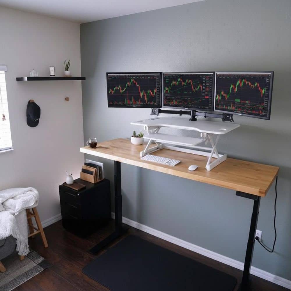 46 in. W White Height Adjustable Standing Desk Converter with Triple Monitor Mount and Deep Keyboard Tray