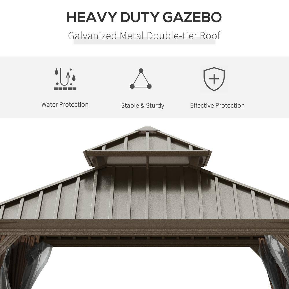 Outsunny 12' x 12' Coffee Aluminum Hardtop Patio Gazebo with Netting & Curtains