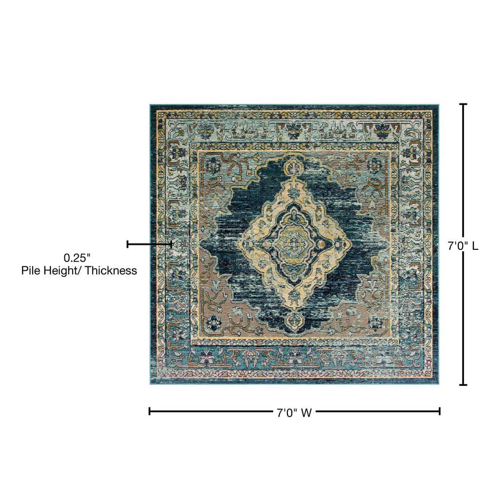 Elysian Blooms Reversible Blue Floral 7' Square Synthetic Rug