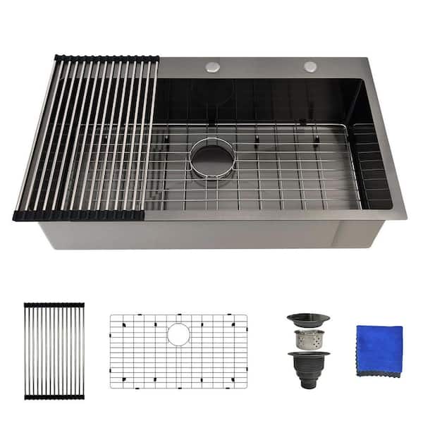 33 Inch Drop In Black Kitchen Sink-33x19 Top Mount, 16 Gauge Black Stainless Steel Single Bowl with 4 Accessories