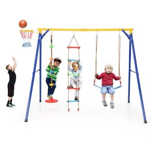 4-in-1 Kids Swing Set Carbon Steel Swing Stand with Basketball Hoop Climbing Ladder