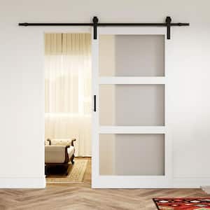 42in x 84in White, Finished, MDF,Frosted Glass, 3 Glass Panel Barn Door Slab with All Hardware & Water-Proof PVC Surface