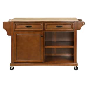 Brown Solid Wood Drop-Leaf Countertop 57.63 in. W Rolling Kitchen Island Cart on Wheels, Removable Caster
