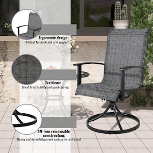 2-Piece Metal Outdoor Swivel Dining Chairs with Black and Gray Check Cushions and Adjustable Foot Pads