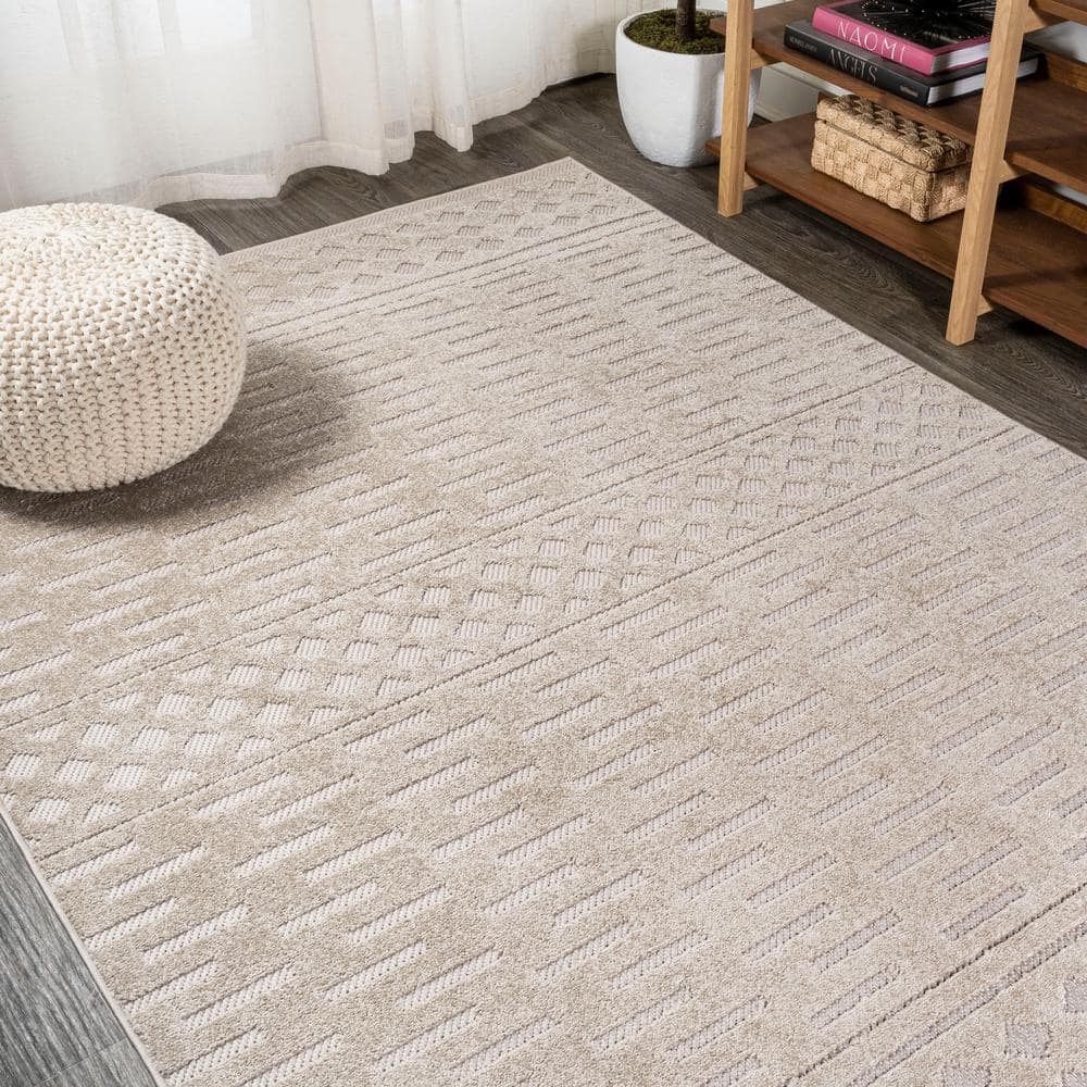 Ivory Geometric High-Low Pile Indoor/Outdoor Area Rug