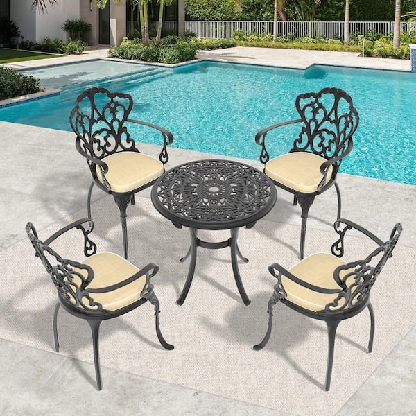 Black Cast Aluminum 5-Piece Outdoor Chat Set without Cushion (Type#3)