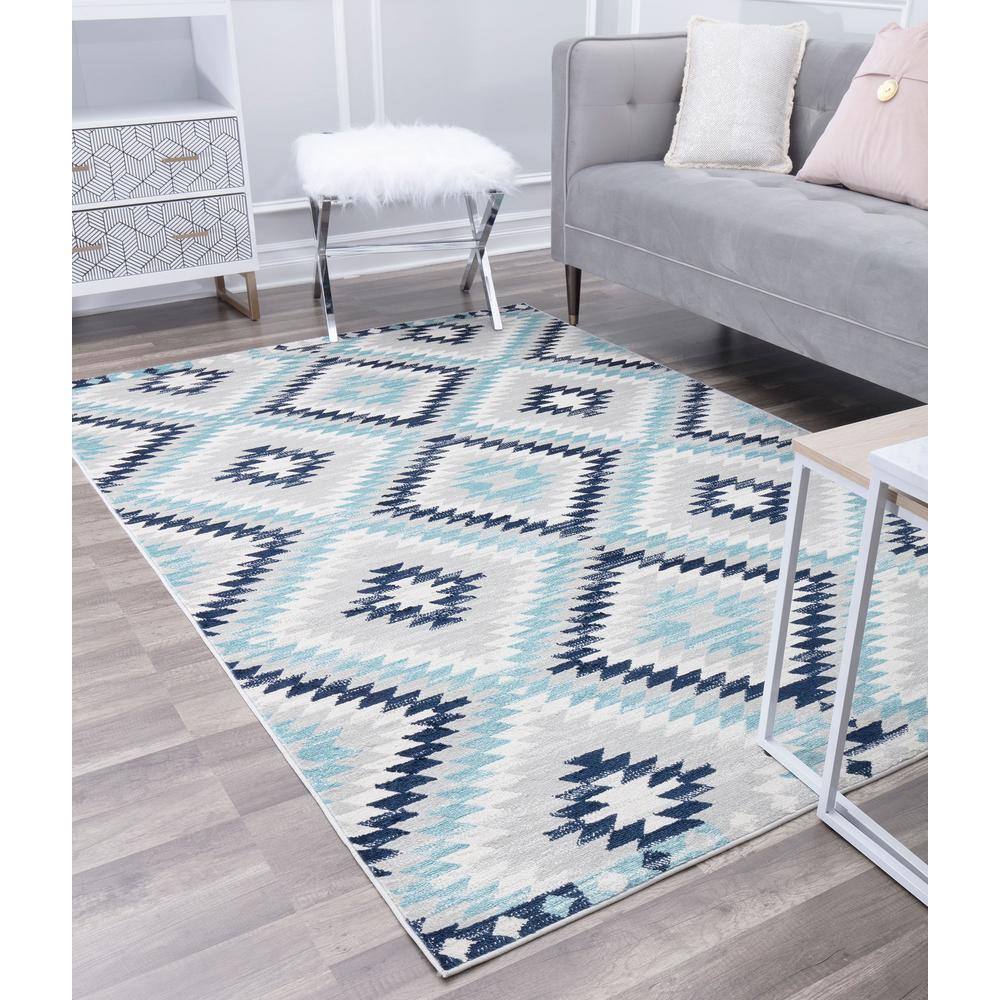 Ice Blue and Multicolor Synthetic Stain-Resistant Runner Rug