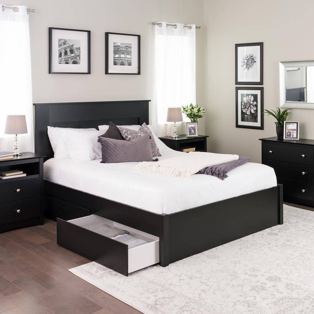 Black Queen Wood Frame Platform Bed with Storage Drawers