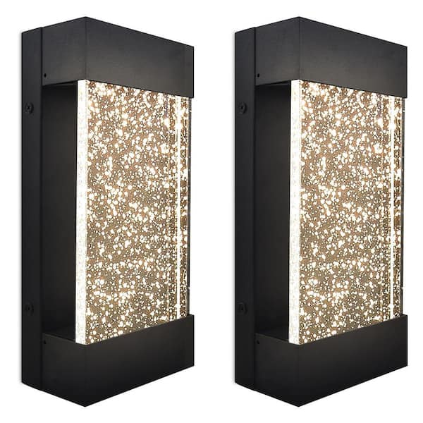 LUXRITE 12 in. Black Outdoor LED Up and Down Wall Sconce Light 3CCT 3000K-5000K Seeded Bubble Glass 12-Watt ETL IP65 2-Pack
