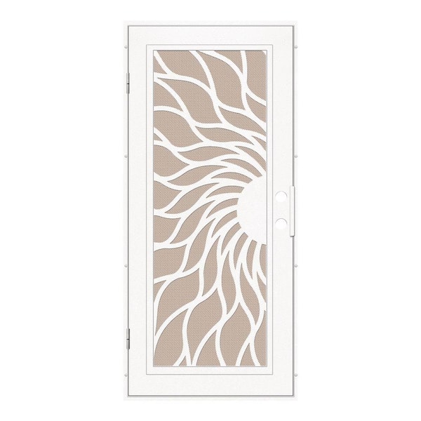 Unique Home Designs 32 in. x 80 in. Sunfire White Right-Hand Surface Mount Aluminum Security Door with Desert Sand Perforated Metal Screen