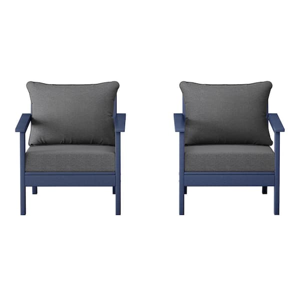 Birchwood Navy Blue Outdoor Patio (Set of 2) Deep Seating HDPE Lounge Chairs w/ Gray Cushions
