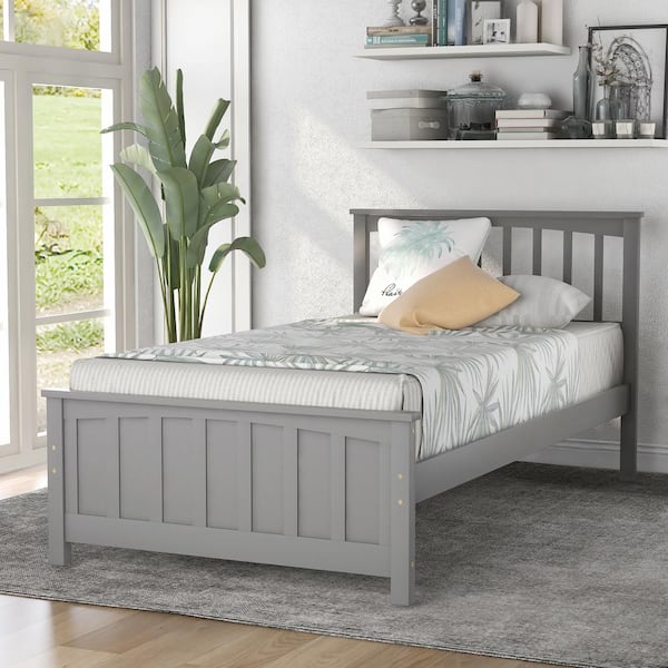 Harper & Bright Designs Gray Wood Frame Twin Size Platform Bed with Vertical Striped Headboard and Footboard