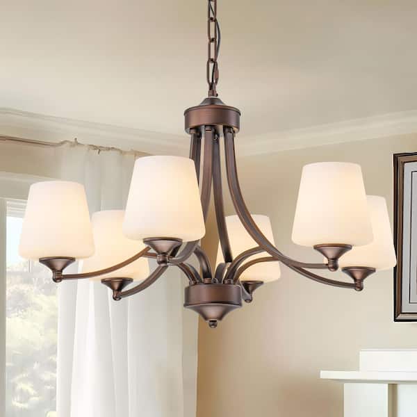 6-Light Vintage Bronze Chandelier with Milky White Glass Shades for Dining Room, Living Room, Kitchen Island Lighting