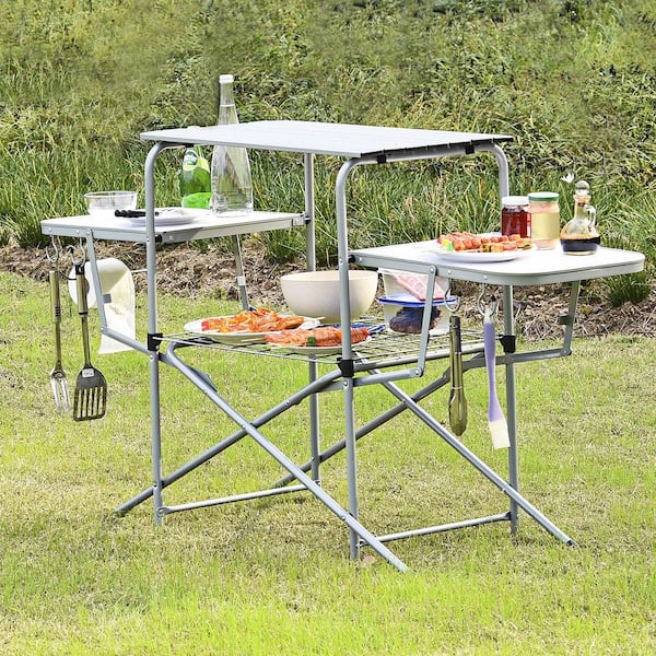 Foldable Camping Table Outdoor Kitchen Portable Grilling Stand Folding BBQ Table Chair