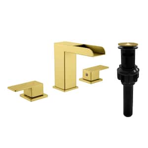 8 in. Widespread Double Handle Bathroom Faucet Waterfall 3 Hole Bathroom Sink Faucet with Pop Up Drain in Brushed Gold