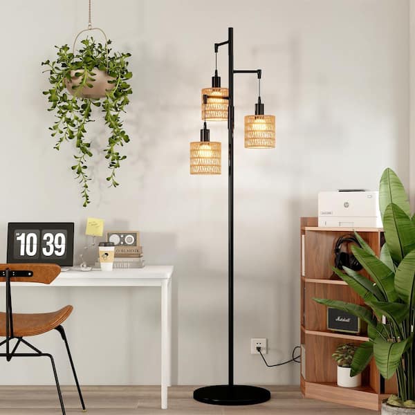 65.03 in. 3-Light Brown Dimming Tree Floor Lamp With shade(Buld included)
