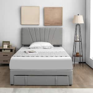 Gray Wood Frame Full Upholstered Platform Bed with Drawer Adjustable Headboard