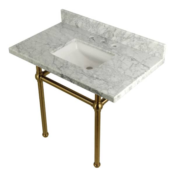 Kingston Brass Square-Sink Washstand 36 in. Console Table in Carrara with Metal Legs in Brushed Brass