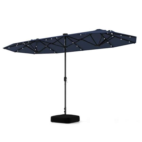 13 ft. Metal Market Double-sided Patio Umbrella in Navy with Solar Lights for Garden Pool Backyard