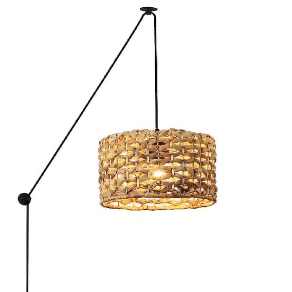 Kitchen Island 11 in. Plug in 1 Light Rattan Pendant Lamp with Cage Shade, Adjustable Height Chandelier, E26 Base