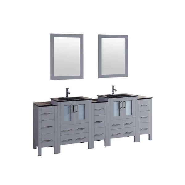 Bosconi Bosconi 84 in. W Double Bath Vanity in Gray with Vanity Top in Black with Black Basin and Mirror