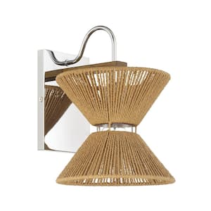 Serena 9 in. 1-Light Chrome/Walnut Finish Wall Sconce with Glass and Paper Rope Shade