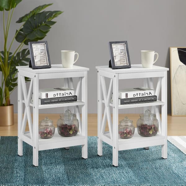 2-Piece White 3-Tier Nightstand Wooden Sofa Table Storage Shelves Stable Structure 15.7 in. L x 11.8 in. W x 24.2 in. H