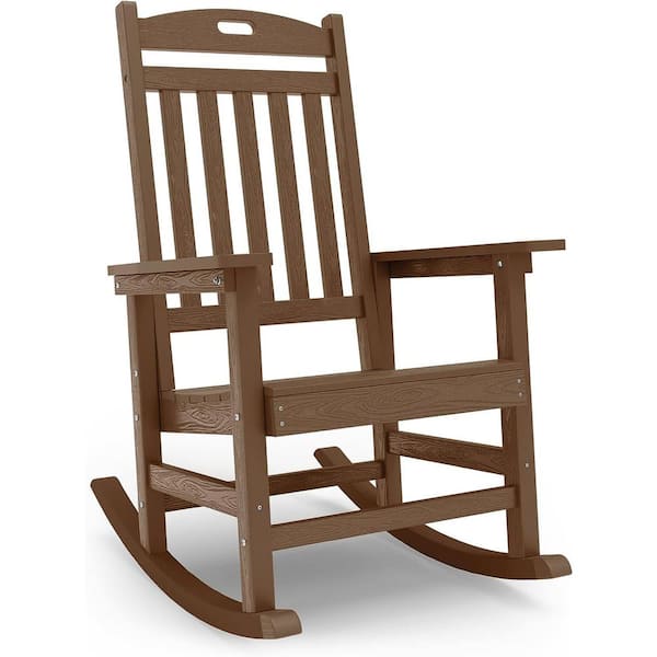 Mximu Teak Plastic Patio Outdoor Rocking Chair, Fire Pit Adirondack Rocker Chair with High Backrest
