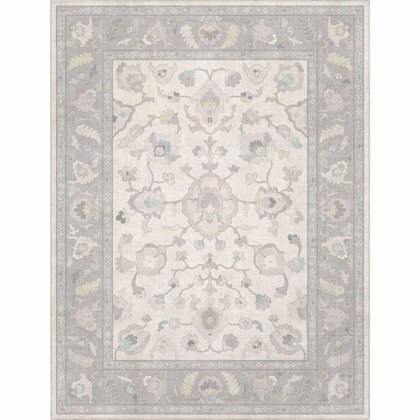 Ushak Konya Boho Updated Traditional, Cream Grey 6 ft. in. x 9 ft. in. Area Rug