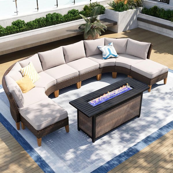 PHI VILLA Brown Rattan Wicker 8-Seat 9-Piece Steel Outdoor Fire Pit Patio Set with Beige Cushions and Rectangular Fire Pit Table