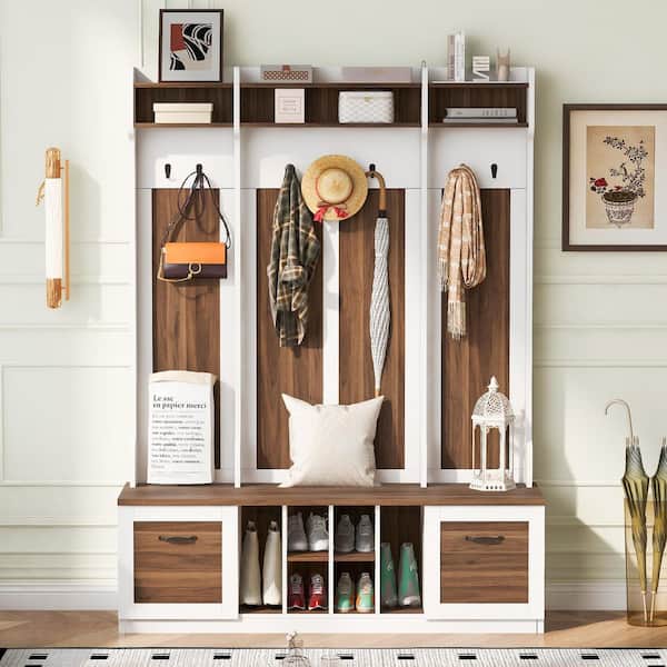 Unbranded 3-in-1 Hall Tree with 6 Hooks, Coat Hanger, Entryway Bench, Storage Bench, for Entrance, Hallway in Brown