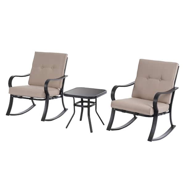 Unbranded Black 3-Piece Patio Metal Outdoor Rocking Chair Set with Taupe Cushions