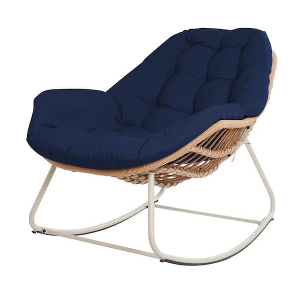 UPHA Beige Wicker Single Moon-Shaped Curved Front and Back Outdoor Rocking Chair with Navy Blue Cushion