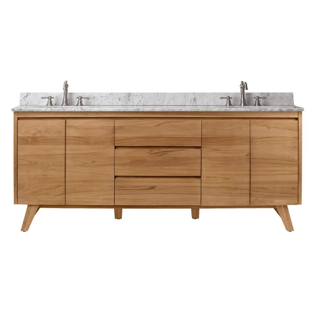 Natural Teak Double Bathroom Vanity with Marble Top