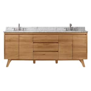 Coventry 73 in. Vanity in Natural Teak with Marble Top Vanity Top in Carrara White with White Basin