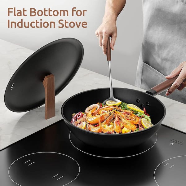 Anqtovp 13-in. Carbon Steel Wok Pre-Seasoned Non-Stick Flat Bottom