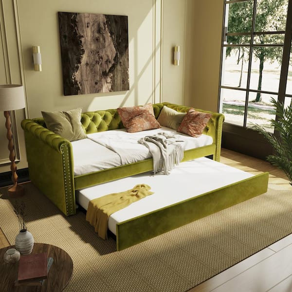 CHRISTOPHER KNIGHT HOME Ansha Modern Twin Upholstered Velvet Daybed with Trundle, Tufted, Nailhead Trim, Mattress Not Included, Green