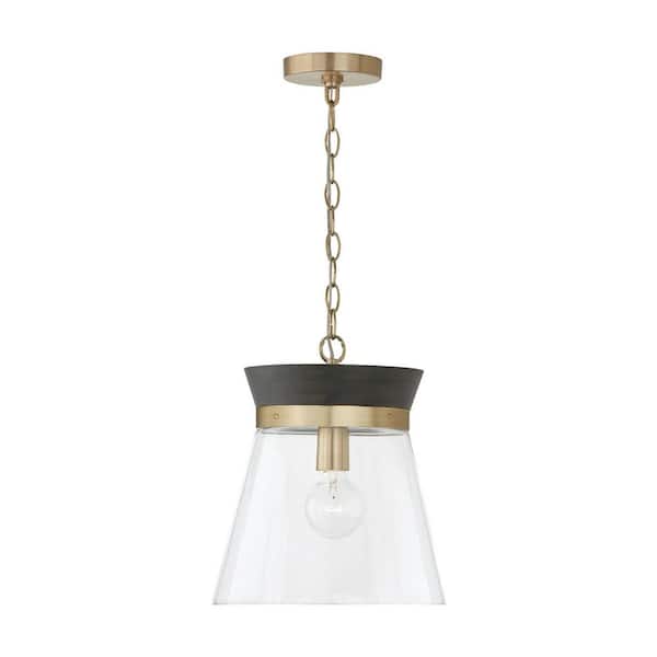 Finn 100-Watt 1-Light Black Stain Wood and Matte Brass Pendant Light with Clear Glass and No Bulbs Included