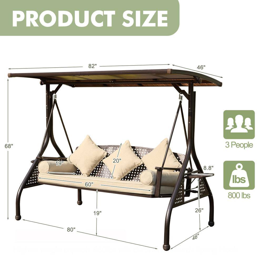 Beige Cushioned 3-Person Steel Porch Swing with Adjustable Canopy